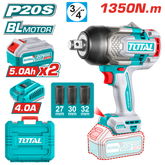 PISTOLA IMPACTO INALAMBRICA 3/4 20V 1350 NM INCLUYE 2 (5.0 AH) BATERIAS 1 CARGADOR Y 3 COPAS 27,30,32 MM INDUSTRIAL SUPER TOTAL (UTIWLI20135)